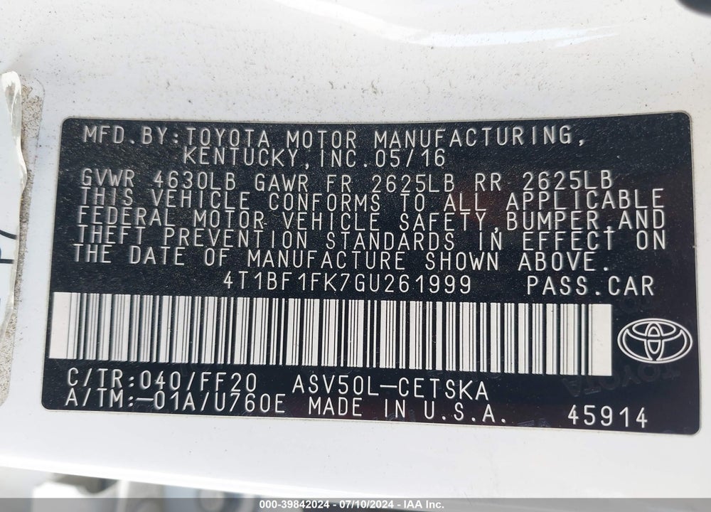 2016 TOYOTA CAMRY SE VIN: 4T1BF1FK7GU261999