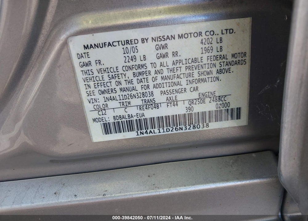 2006 NISSAN ALTIMA 2.5 S VIN: 1N4AL11D26N328038