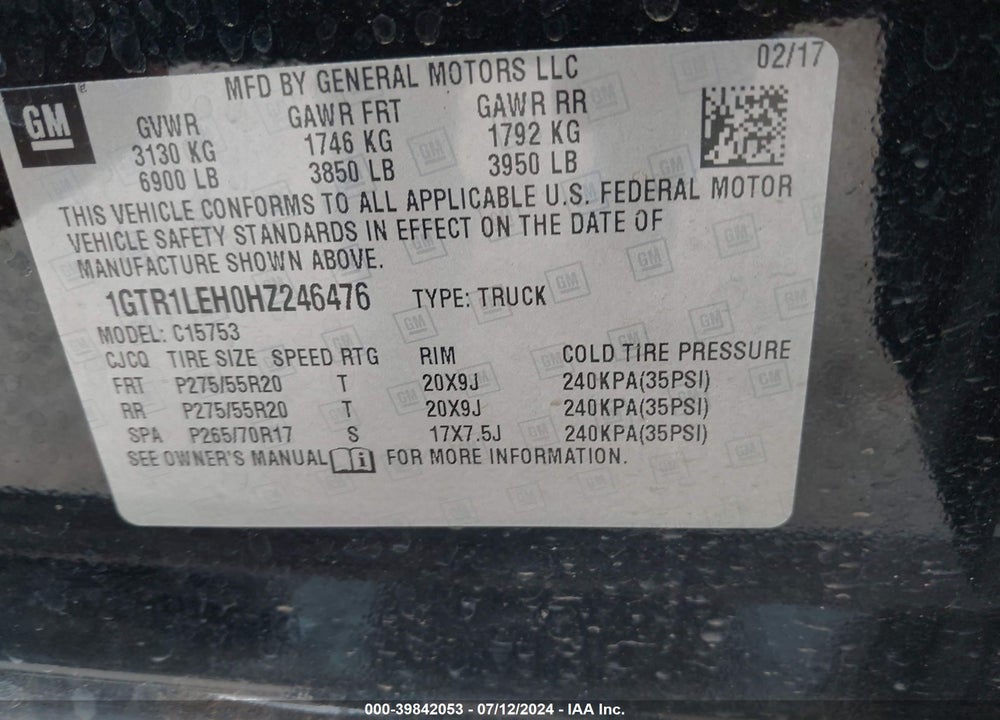 2017 GMC SIERRA 1500 VIN: 1GTR1LEH0HZ246476