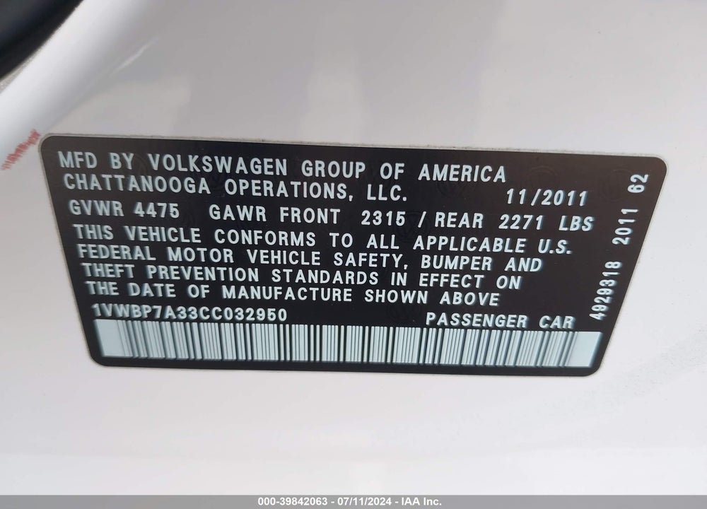 2012 VOLKSWAGEN PASSAT 2.5L SE VIN: 1VWBP7A33CC032950