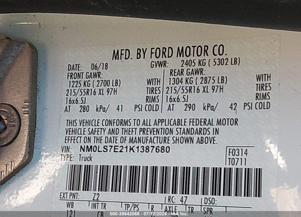 2019 FORD TRANSIT CONNECT XL VIN: NM0LS7E21K1387680