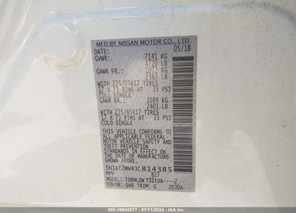 2018 NISSAN ROGUE SV VIN: 5N1AT2MV4JC814385