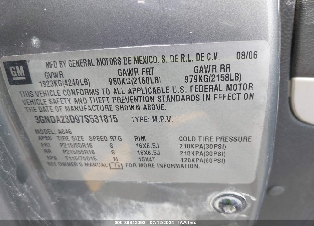 2007 CHEVROLET HHR LT VIN: 3GNDA23D97S531815