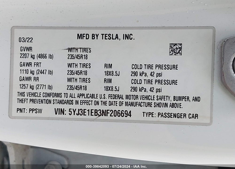 2022 TESLA MODEL 3 LONG RANGE DUAL MOTOR ALL-WHEEL DRIVE VIN: 5YJ3E1EB3NF206694