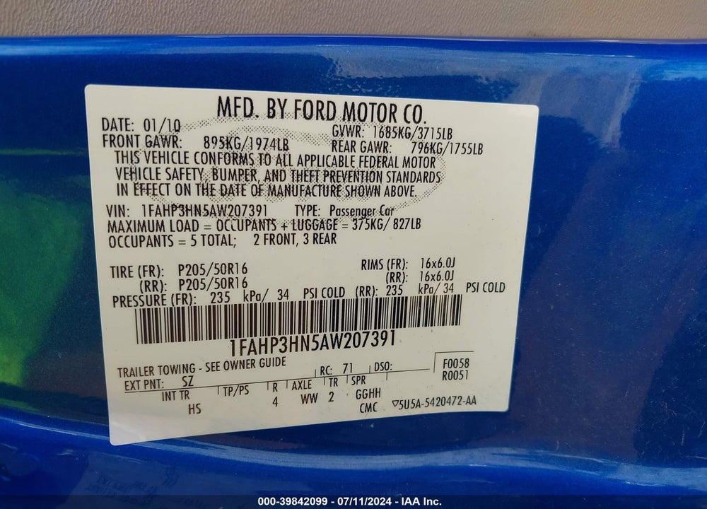 2010 FORD FOCUS SEL VIN: 1FAHP3HN5AW207391