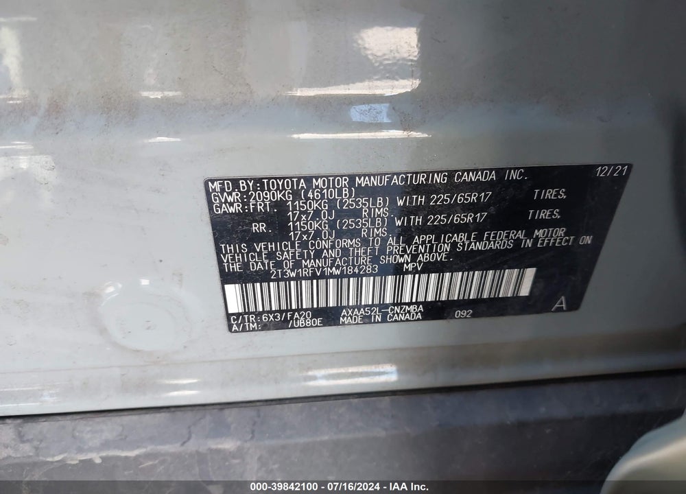 2021 TOYOTA RAV4 XLE VIN: 2T3W1RFV1MW184283