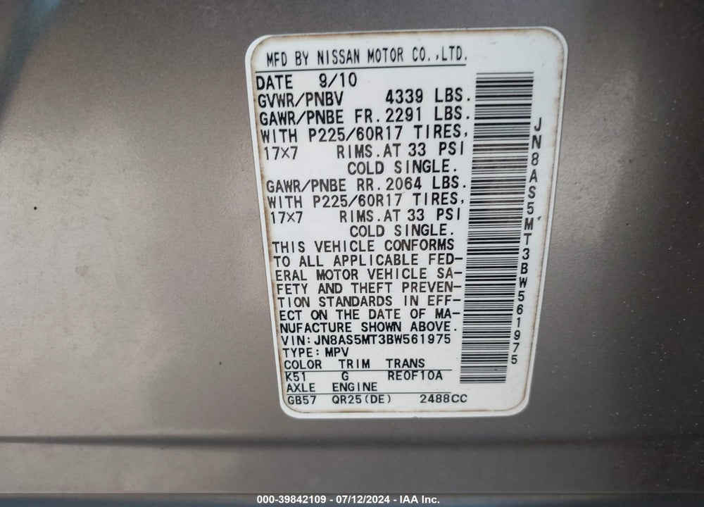 2011 NISSAN ROGUE SV VIN: JN8AS5MT3BW561975