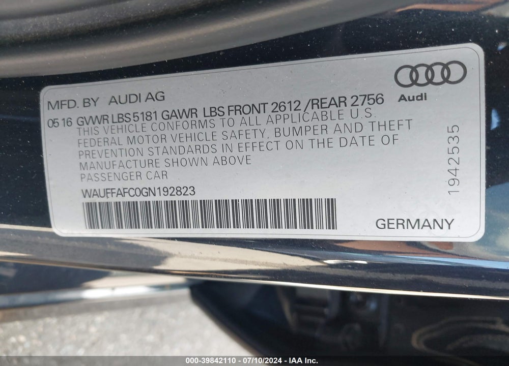 2016 AUDI A6 2.0T PREMIUM VIN: WAUFFAFC0GN192823