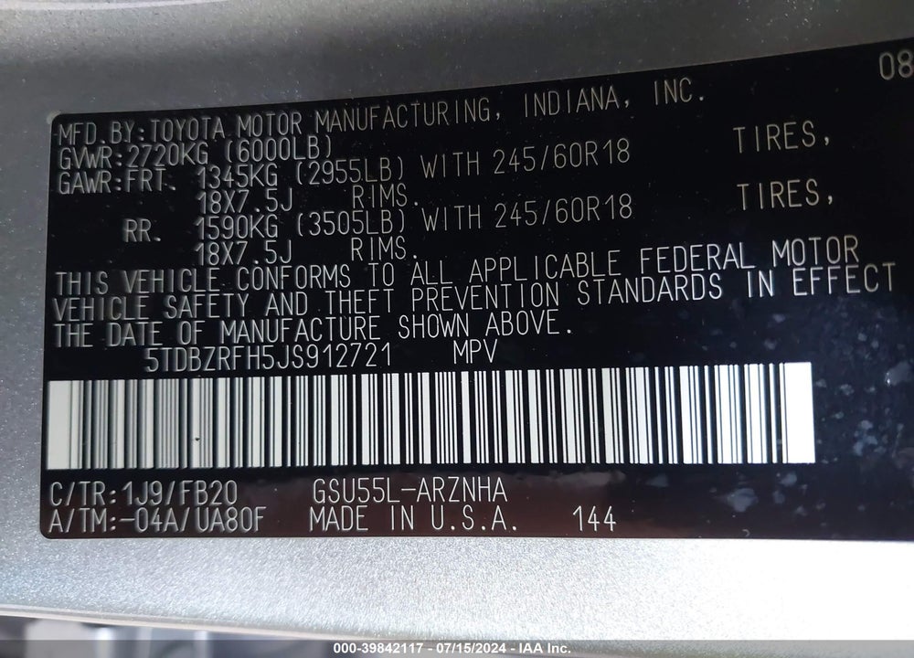 2018 TOYOTA HIGHLANDER LE VIN: 5TDBZRFH5JS912721