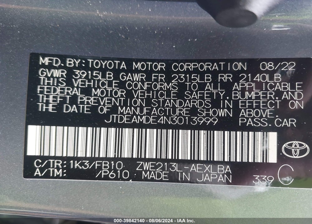 2022 TOYOTA COROLLA HYBRID LE VIN: JTDEAMDE4N3013999