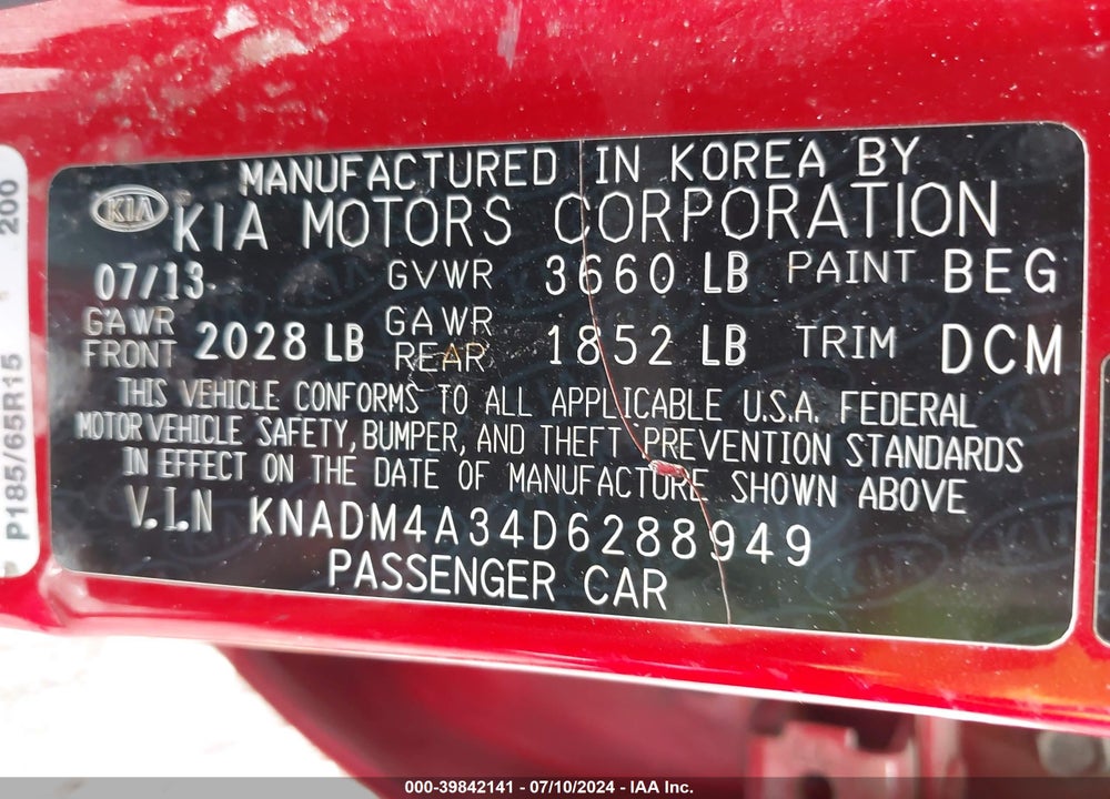 2013 KIA RIO LX VIN: KNADM4A34D6288949