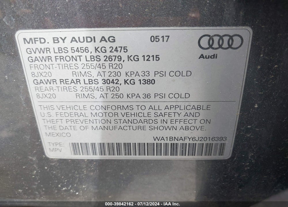 2018 AUDI Q5 VIN: WA1BNAFY6J2016393