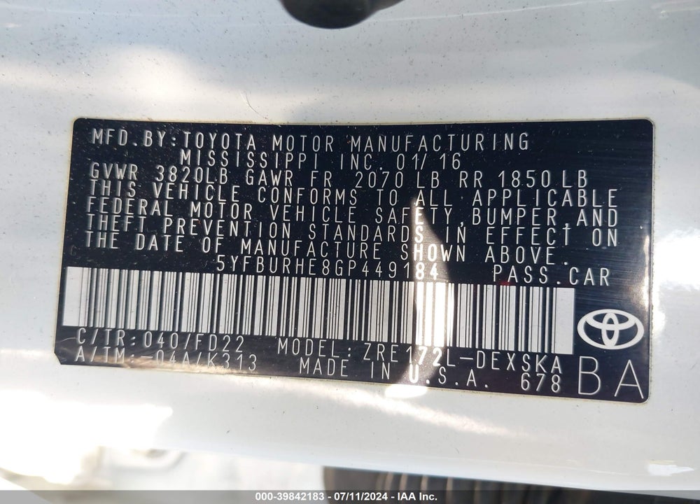2016 TOYOTA COROLLA S PLUS VIN: 5YFBURHE8GP449184
