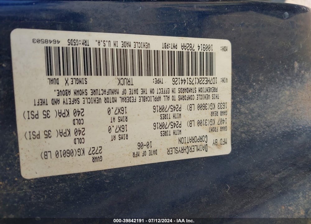 2007 DODGE DAKOTA ST VIN: 1D7HE22K17S144126
