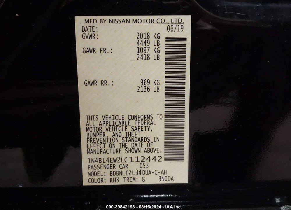 2020 NISSAN ALTIMA SL INTELLIGENT AWD VIN: 1N4BL4EW2LC112442