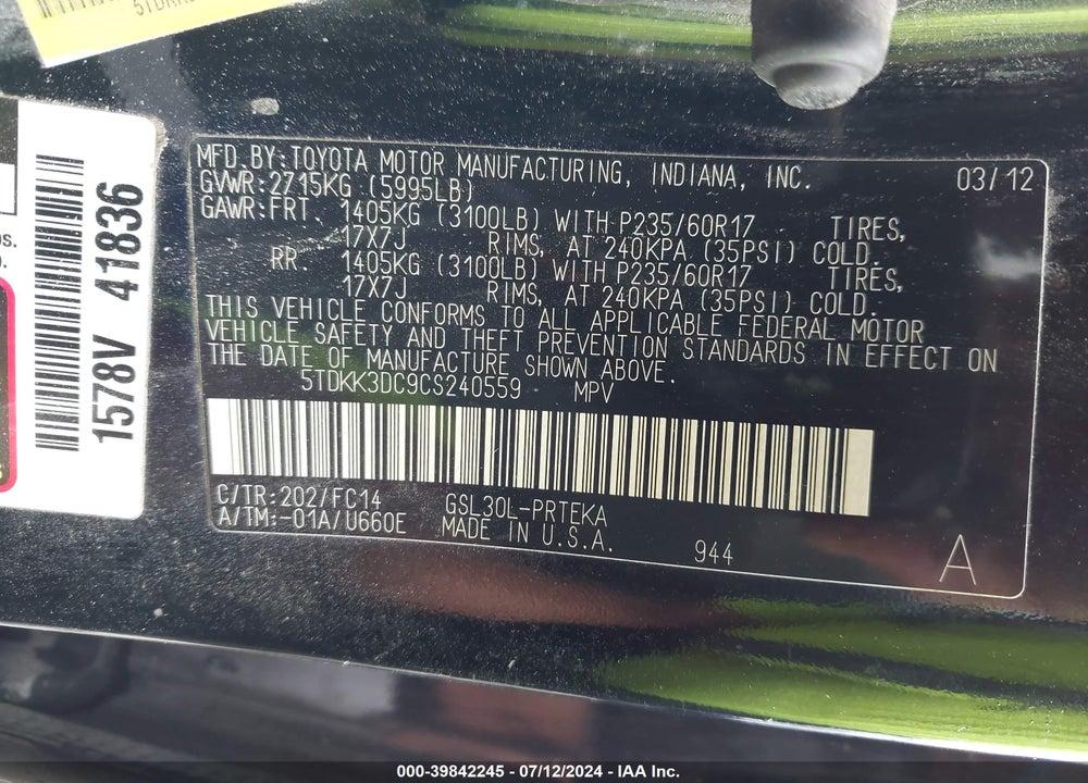 2012 TOYOTA SIENNA LE V6 8 PASSENGER VIN: 5TDKK3DC9CS240559