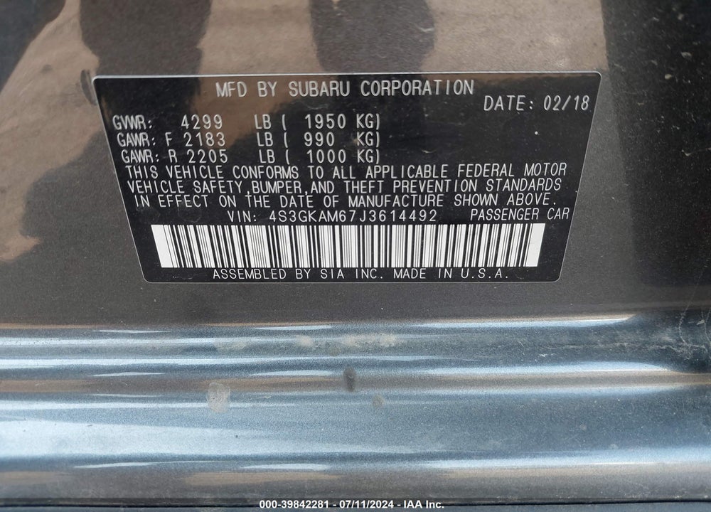 2018 SUBARU IMPREZA 2.0I SPORT VIN: 4S3GKAM67J3614492
