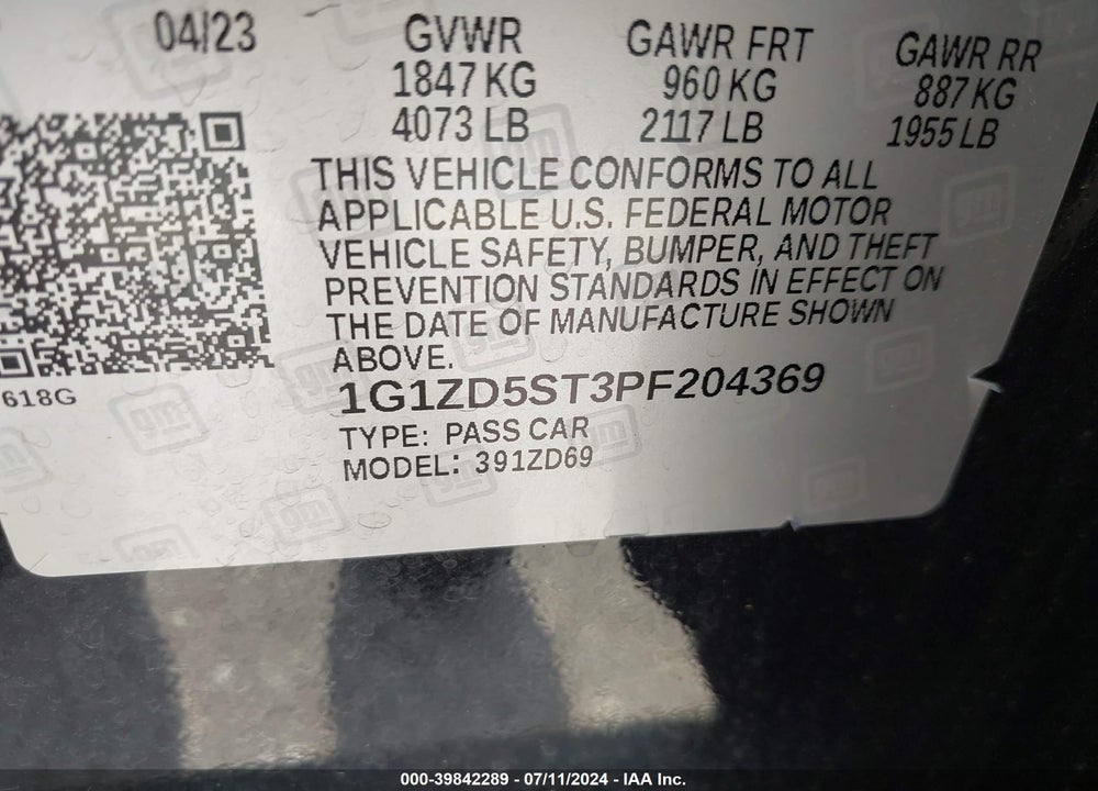 2023 CHEVROLET MALIBU FWD 1LT VIN: 1G1ZD5ST3PF204369