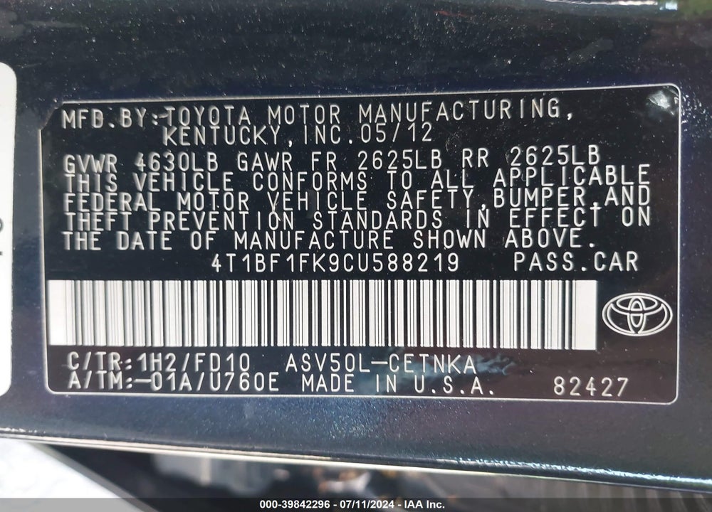 2012 TOYOTA CAMRY LE VIN: 4T1BF1FK9CU588219