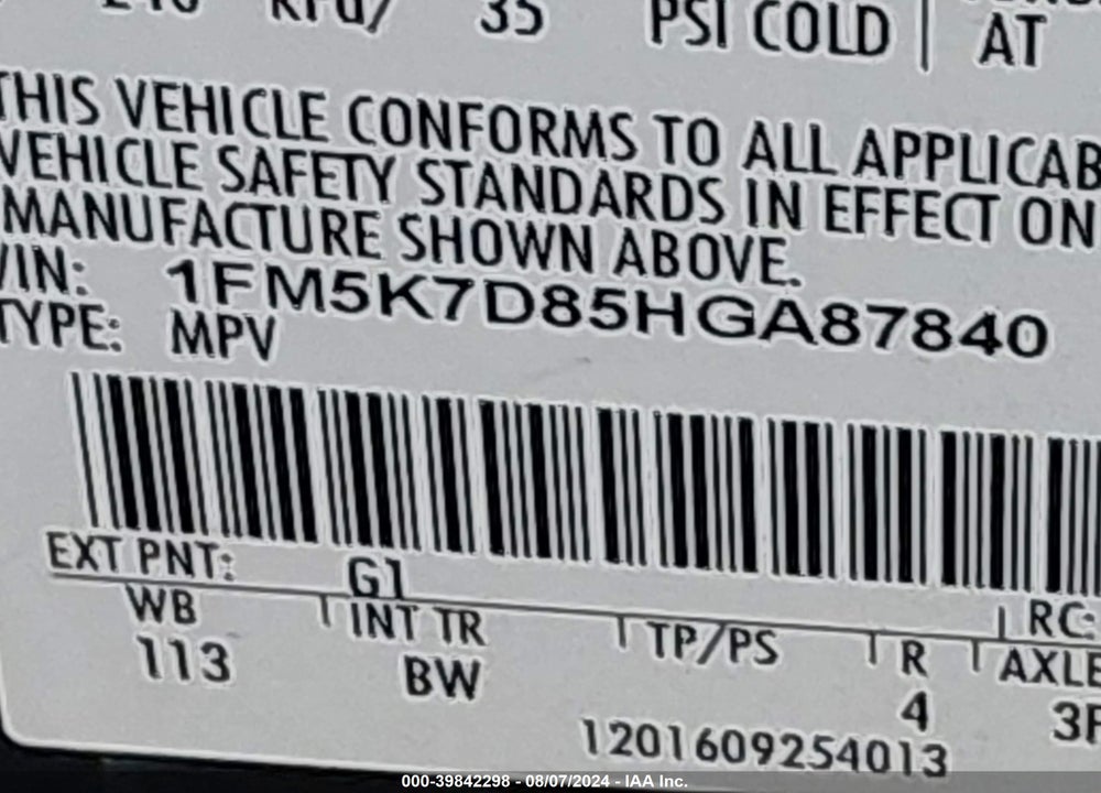 2017 FORD EXPLORER XLT VIN: 1FM5K7D85HGA87840