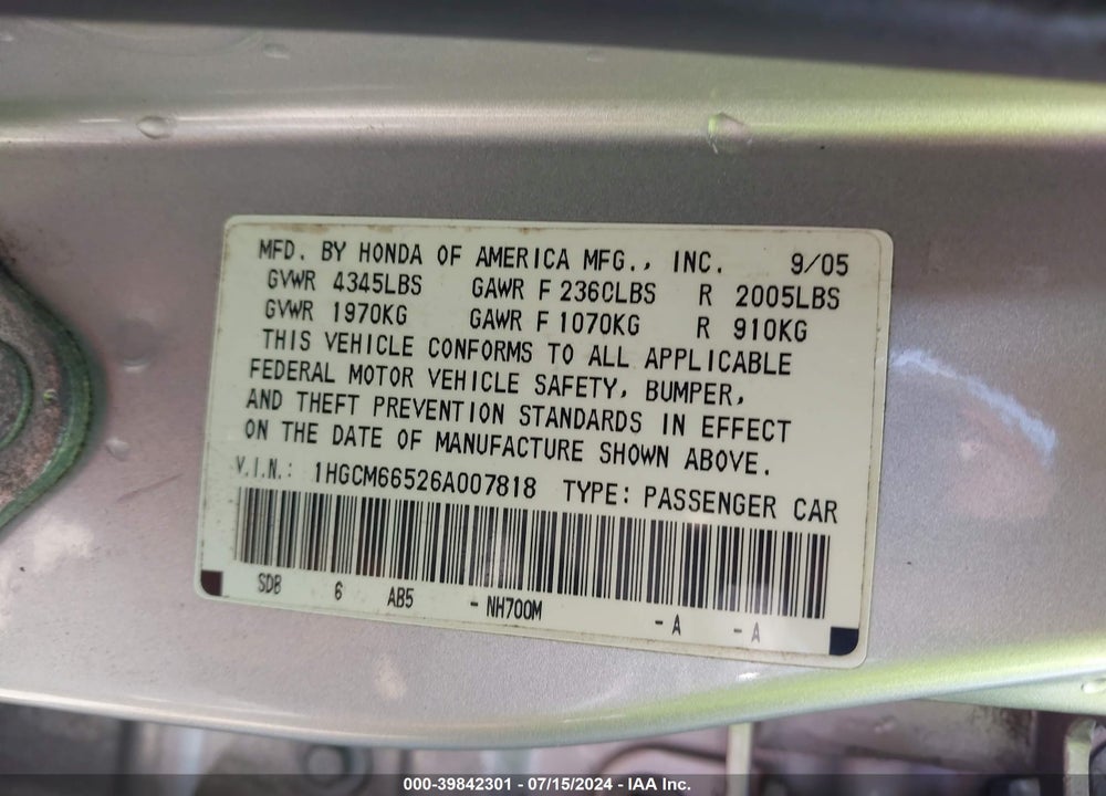 2006 HONDA ACCORD VIN: 1HGCM66526A007818