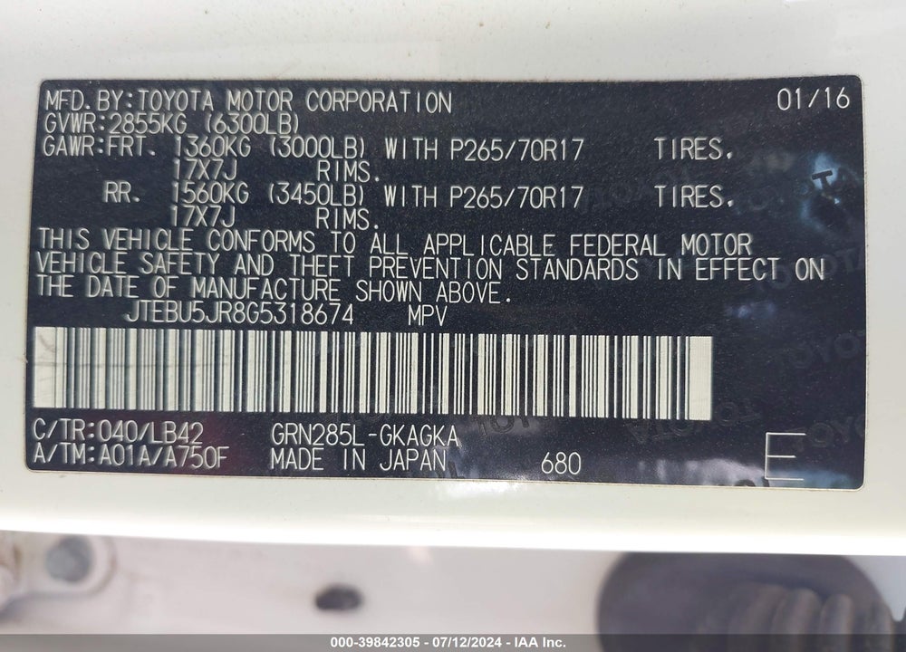 2016 TOYOTA 4RUNNER SR5 PREMIUM VIN: JTEBU5JR8G5318674