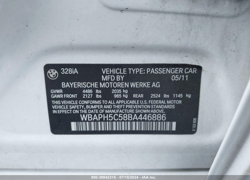 2011 BMW 328I VIN: WBAPH5C58BA446886