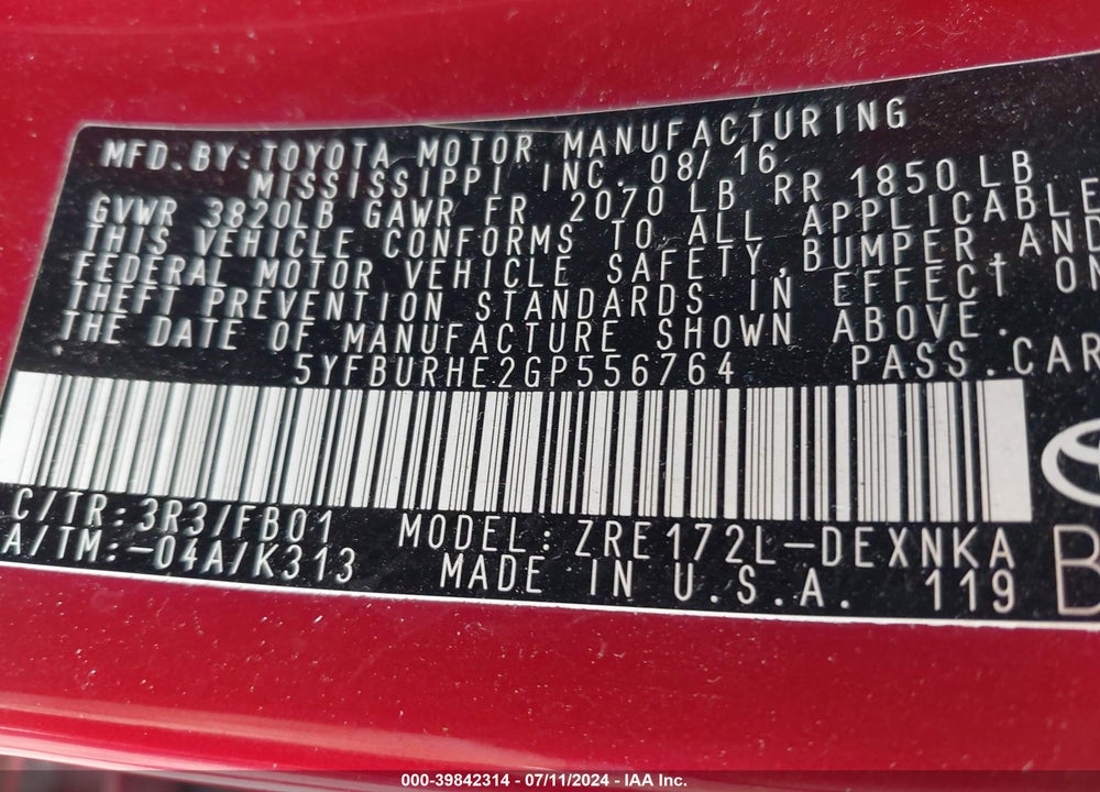2016 TOYOTA COROLLA LE PLUS VIN: 5YFBURHE2GP556764