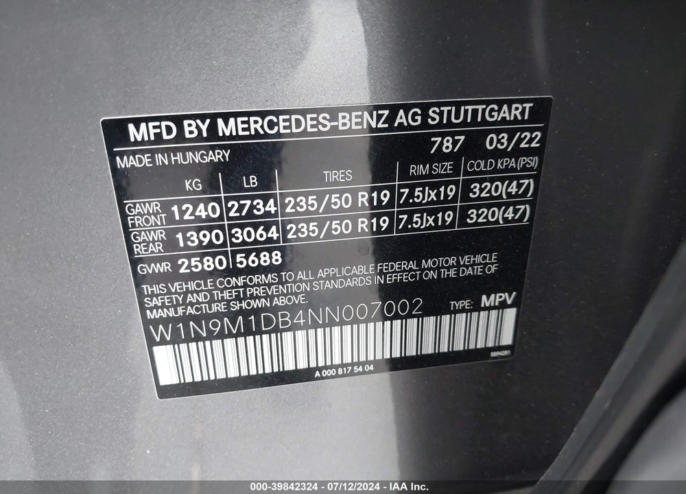 2022 MERCEDES-BENZ EQB 350 SUV 4MATIC VIN: W1N9M1DB4NN007002
