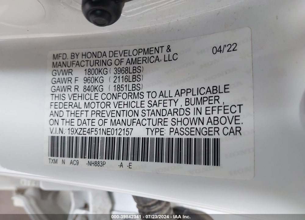 2022 HONDA INSIGHT EX VIN: 19XZE4F51NE012157