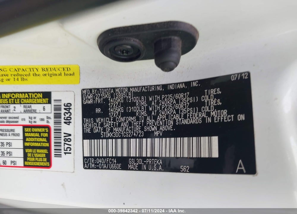 2012 TOYOTA SIENNA LE V6 8 PASSENGER VIN: 5TDKK3DC1CS274723