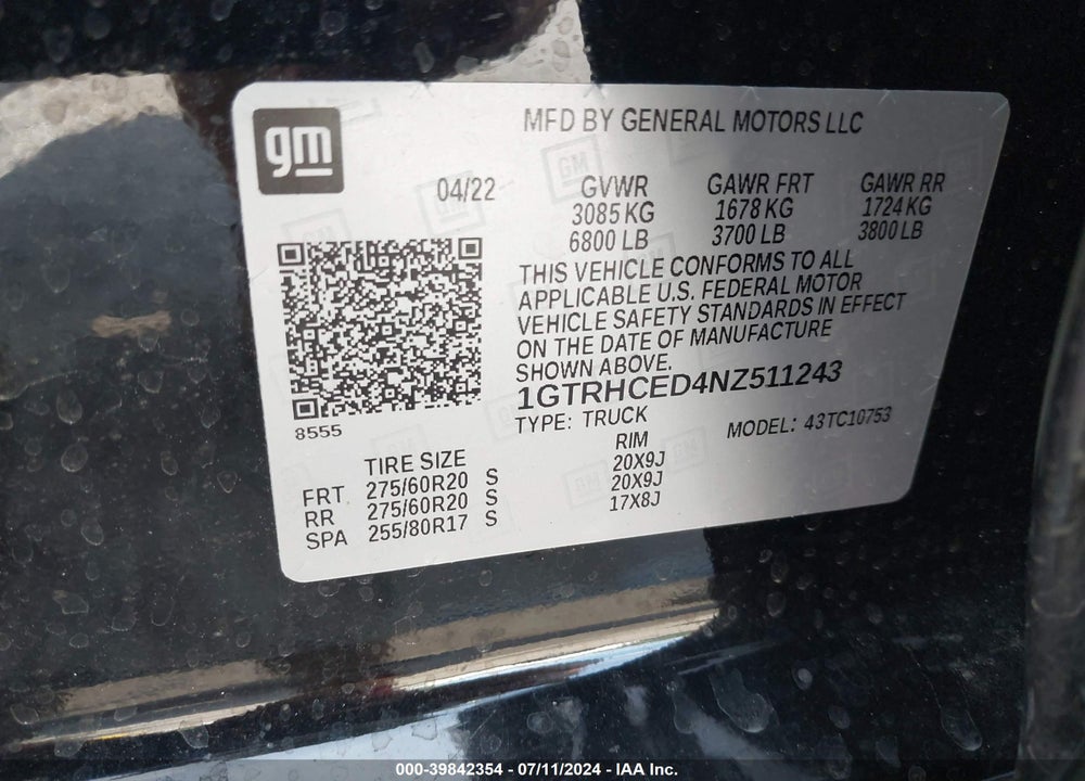 2022 GMC SIERRA 1500 2WD DOUBLE CAB STANDARD BOX ELEVATION VIN: 1GTRHCED4NZ511243