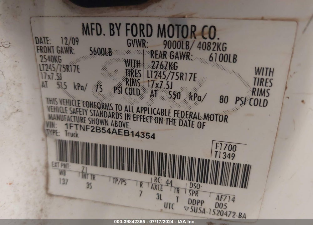 2010 FORD F-250 XL/XLT VIN: 1FTNF2B54AEB14354