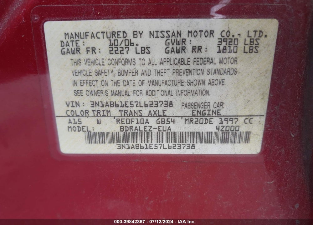 2007 NISSAN SENTRA 2.0S VIN: 3N1AB61E57L623738