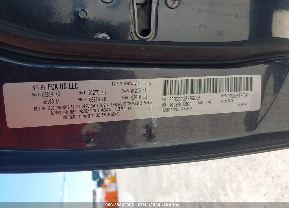 2015 CHRYSLER 300 LIMITED VIN: 2C3CCAAG2FH766830