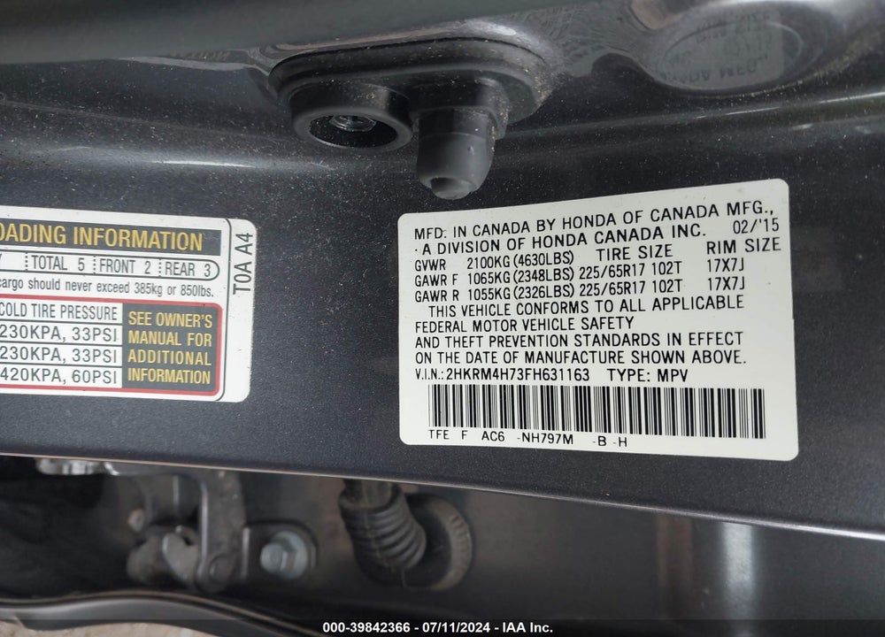 2015 HONDA CR-V EX-L VIN: 2HKRM4H73FH631163