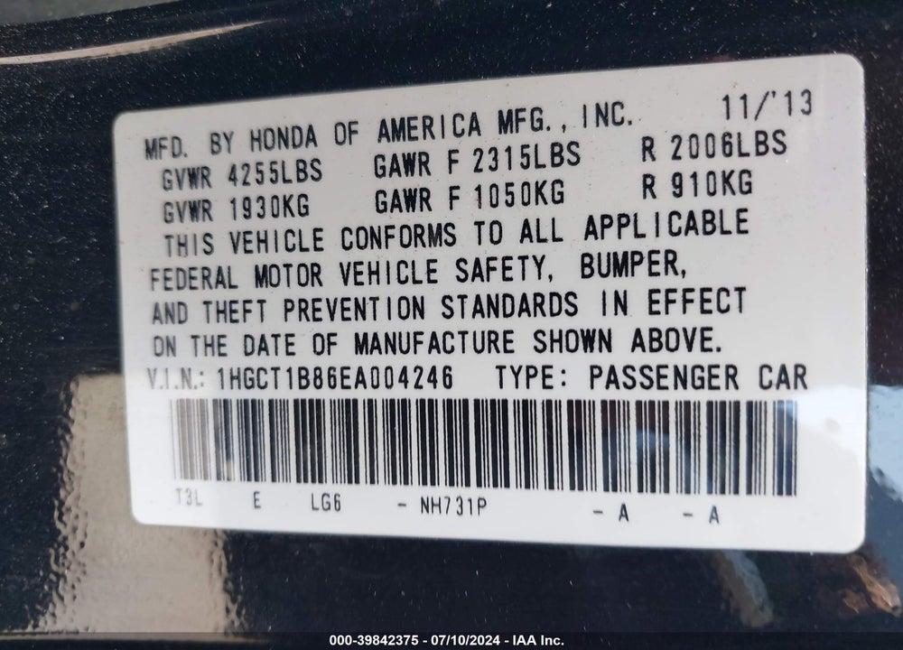 2014 HONDA ACCORD EX-L VIN: 1HGCT1B86EA004246