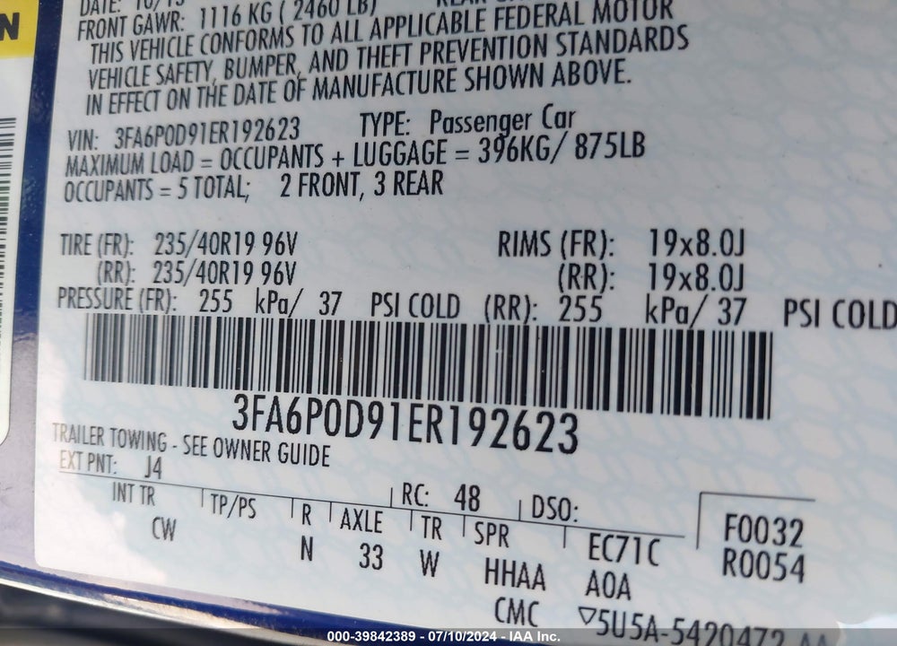 2014 FORD FUSION TITANIUM VIN: 3FA6P0D91ER192623