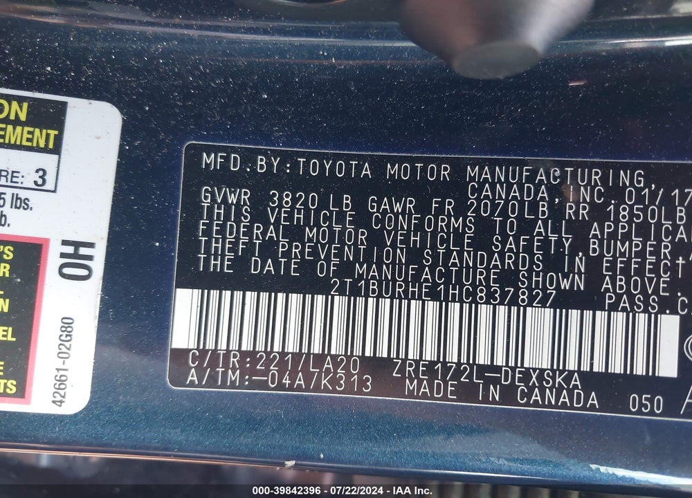 2017 TOYOTA COROLLA XSE VIN: 2T1BURHE1HC837827