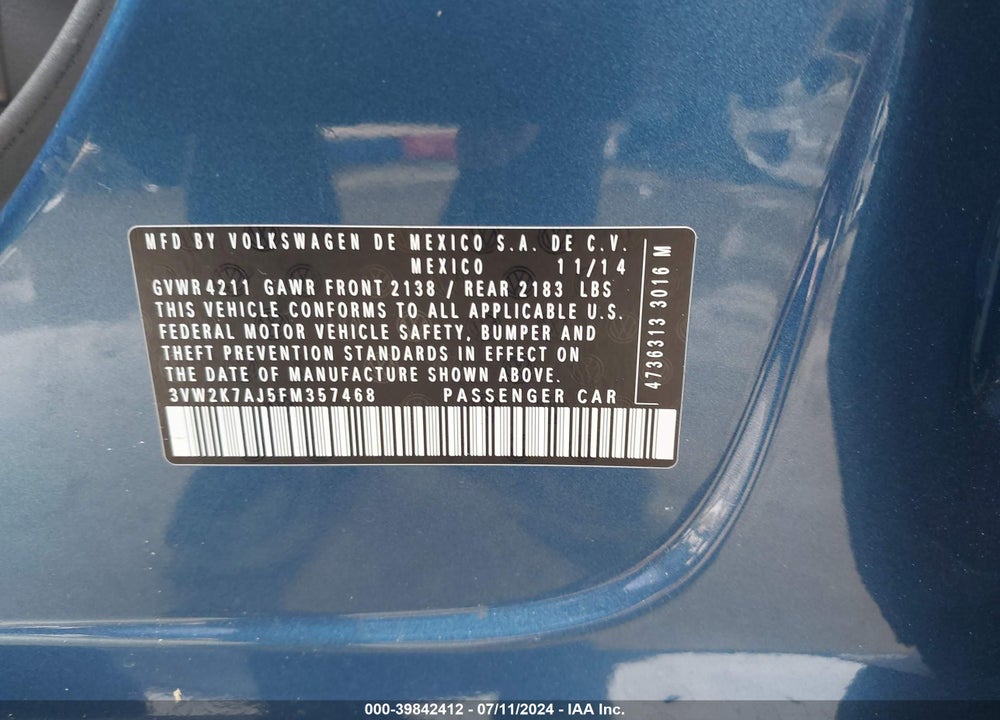 2015 VOLKSWAGEN JETTA 2.0L S VIN: 3VW2K7AJ5FM357468