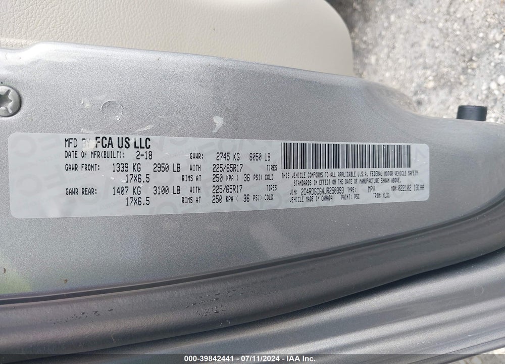 2018 DODGE GRAND CARAVAN SXT VIN: 2C4RDGCG4JR250393