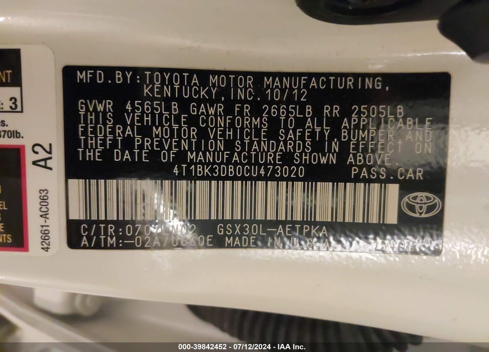 2012 TOYOTA AVALON LIMITED VIN: 4T1BK3DB0CU473020
