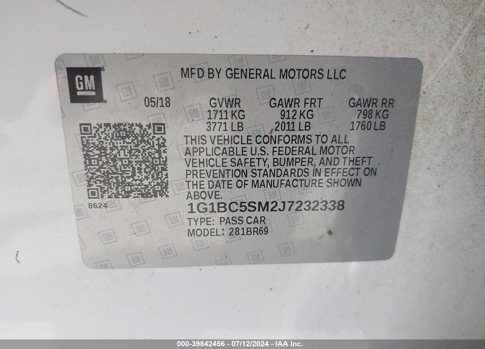 2018 CHEVROLET CRUZE VIN: 1G1BC5SM2J7232338