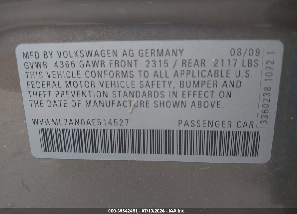 2010 VOLKSWAGEN CC SPORT VIN: WVWML7AN0AE514527