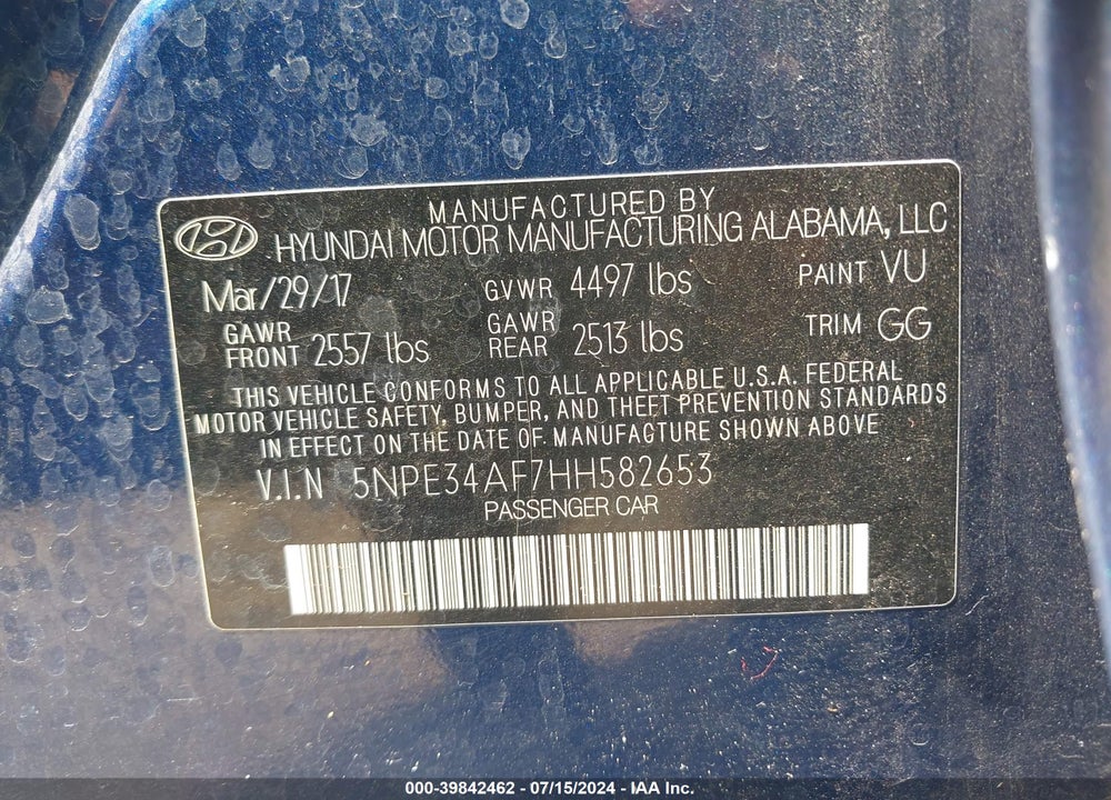 2017 HYUNDAI SONATA VIN: 5NPE34AF7HH582653