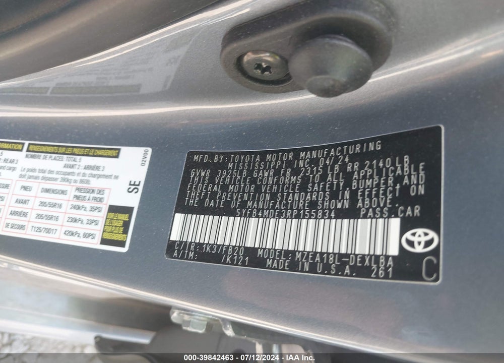 2024 TOYOTA COROLLA LE VIN: 5YFB4MDE3RP155834