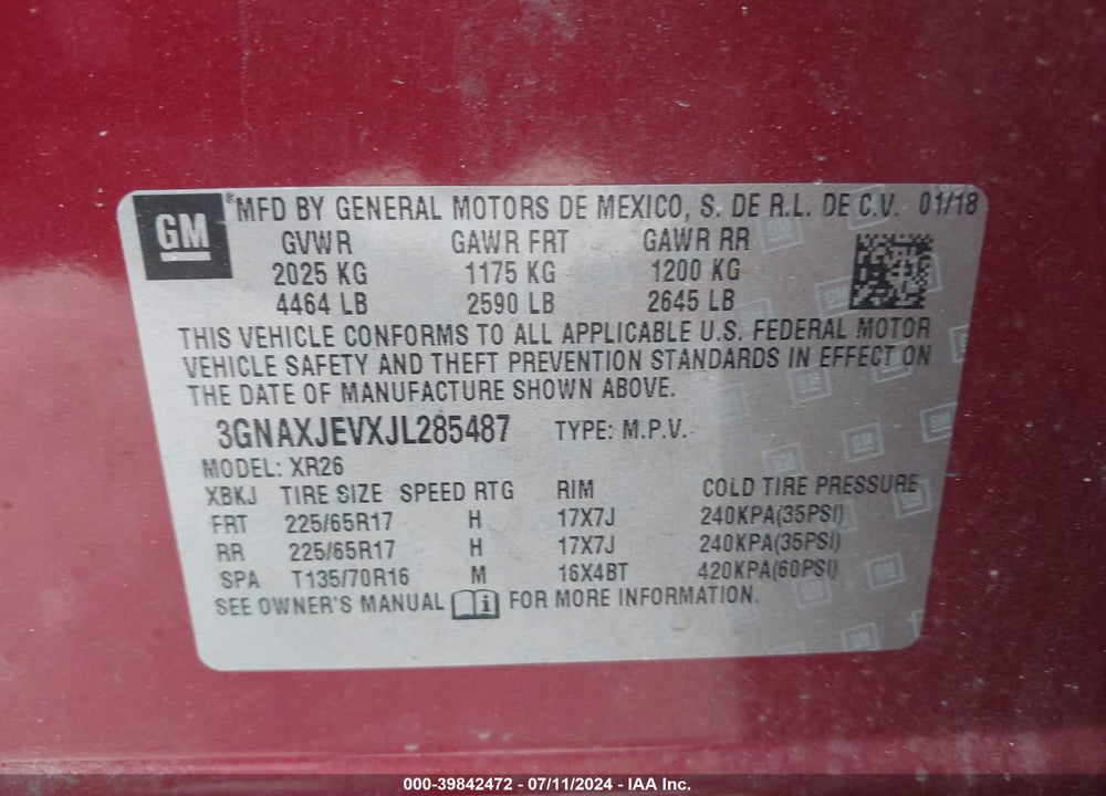 2018 CHEVROLET EQUINOX LT VIN: 3GNAXJEVXJL285487