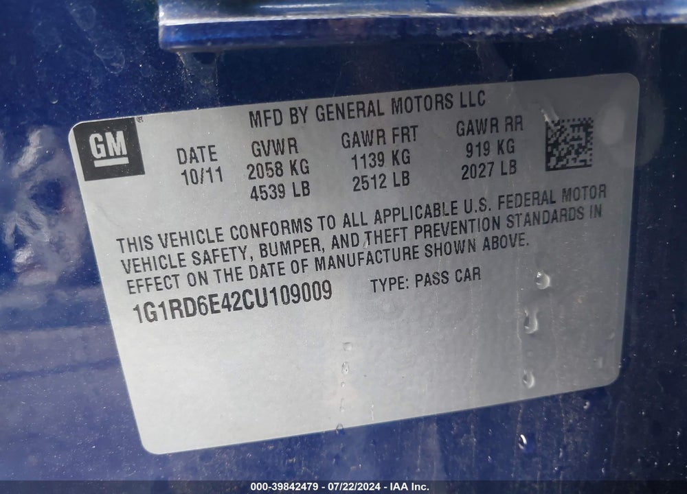 2012 CHEVROLET VOLT VIN: 1G1RD6E42CU109009