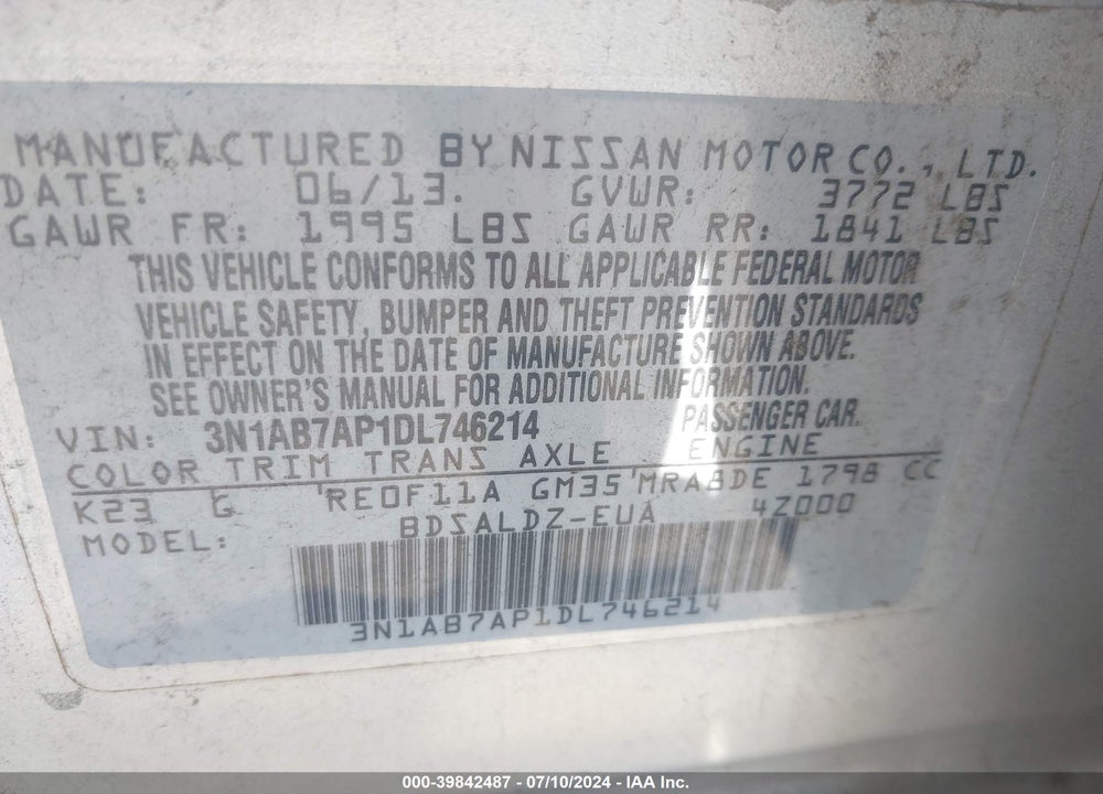 2013 NISSAN SENTRA VIN: 3N1AB7AP1DL746214