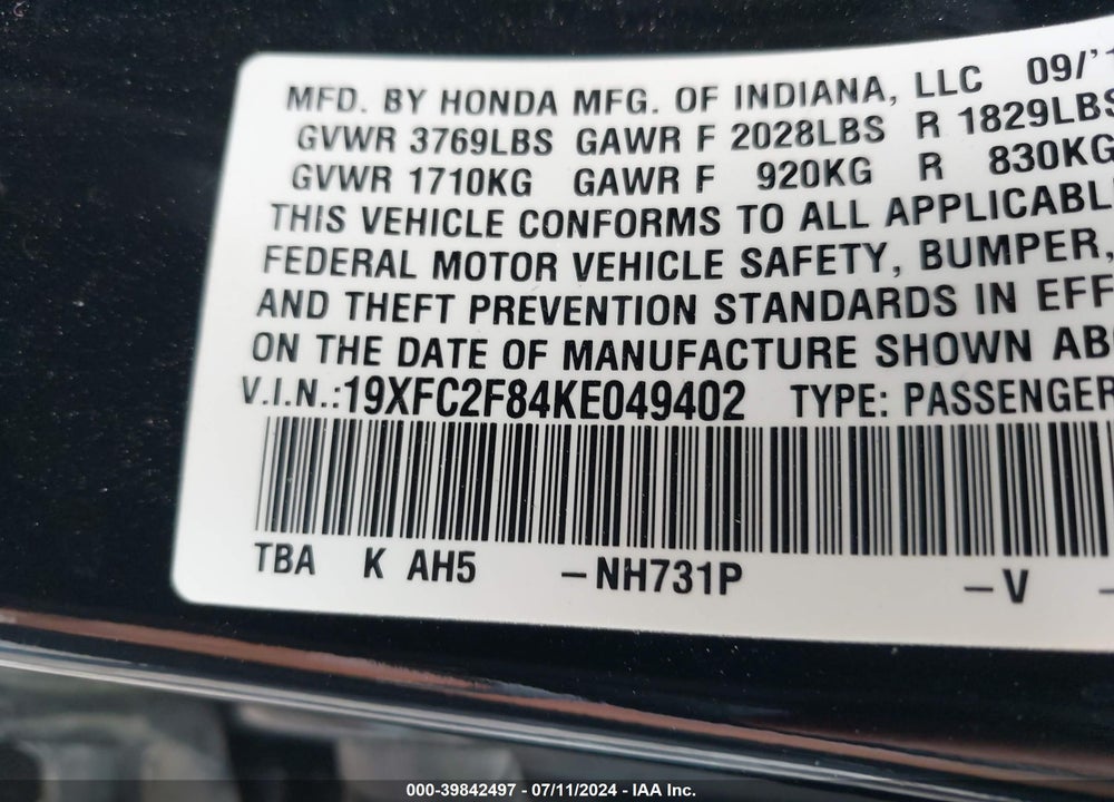 2019 HONDA CIVIC SPORT VIN: 19XFC2F84KE049402